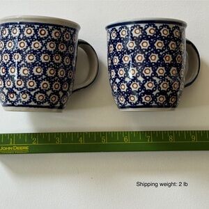 Polish Pottery Blue and White Patterned Mugs